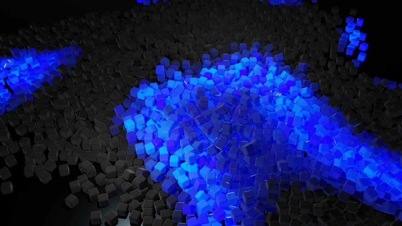 una onda colorida atraviesa cubos como en la guirlanda de navidad, un fondo en bucle abstracto en 3d con muchos cubos grises en el plano. algunos de los cubos comienzan a brillar formando un patrón azul que cambia.