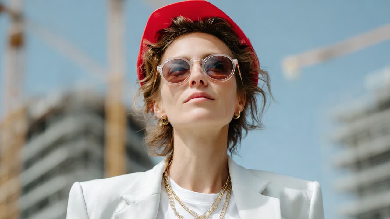 Confident Young Woman in Stylish Attire and Sunglasses at a Construction Site, Showcasing Modern Fashion Trends with a Construction Helmet