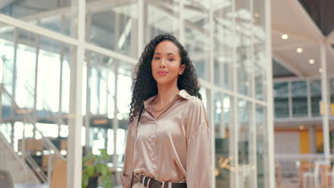 Woman,-walking-and-peace-sign-in-office