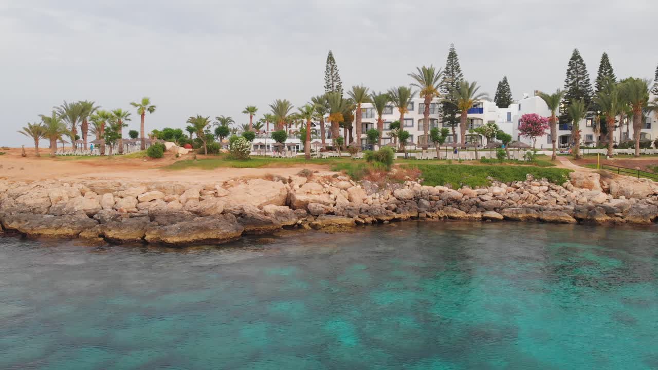 Close up aerial drone shot of the Protaras shore. Cyprus