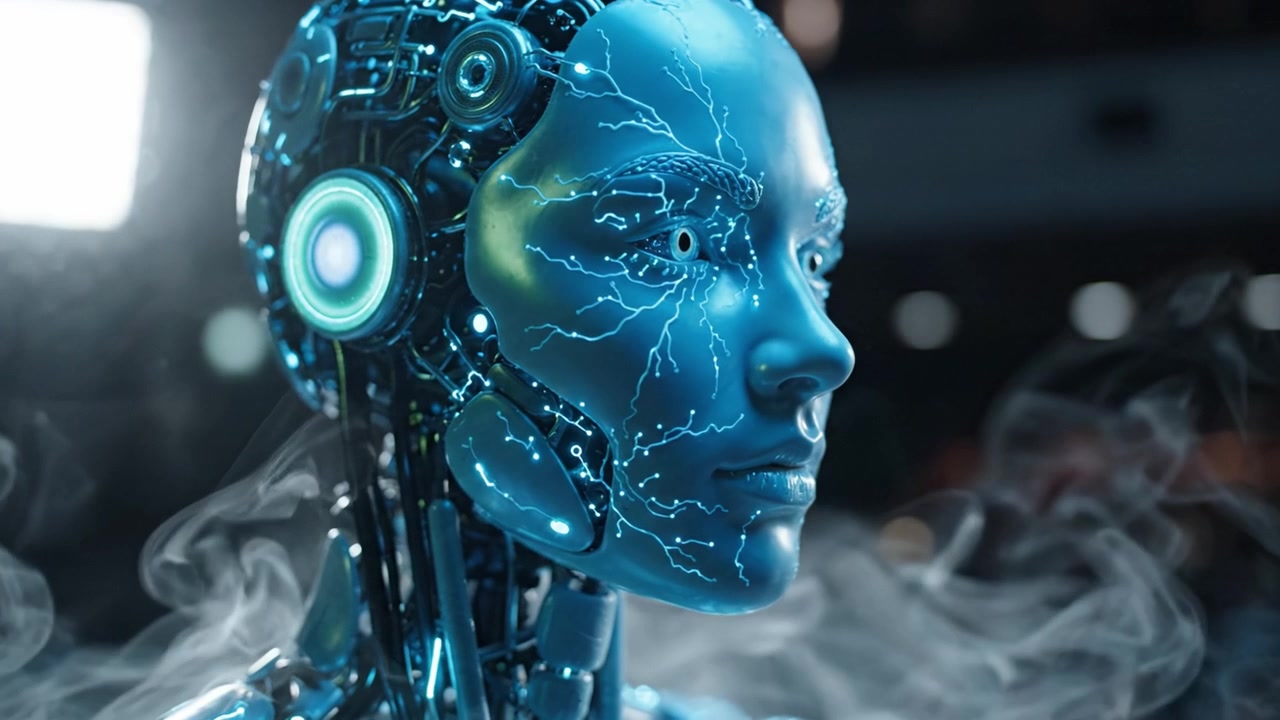 Un robot umanoide futuristico con caratteristiche blu luminose e circuiti intricati si erge in un ambiente enigmatico, mostrando capacità avanzate di intelligenza artificiale