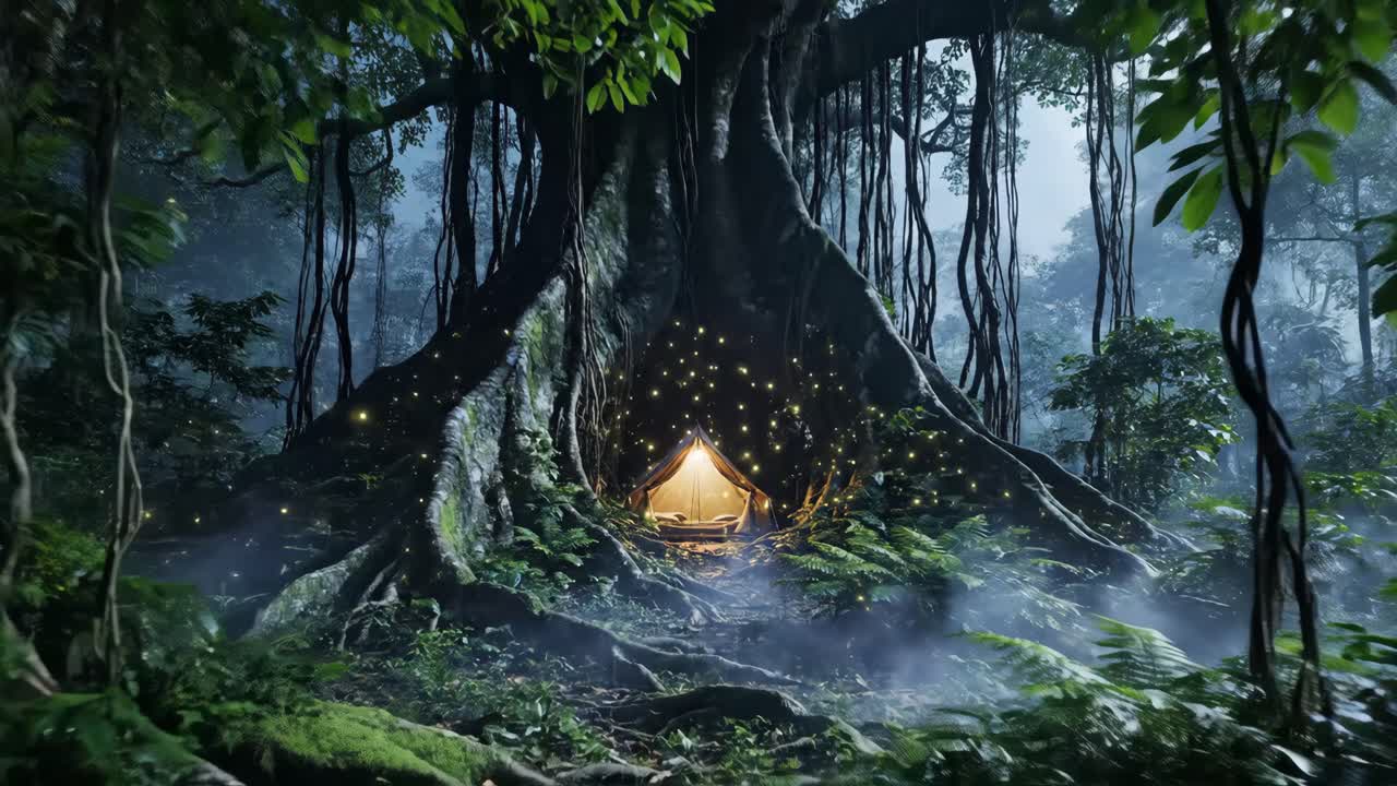 Camping Under a Giant Tree with Fireflies