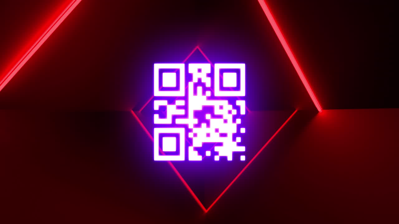 animación de código qr y luces de neón rojas en el espacio digital.