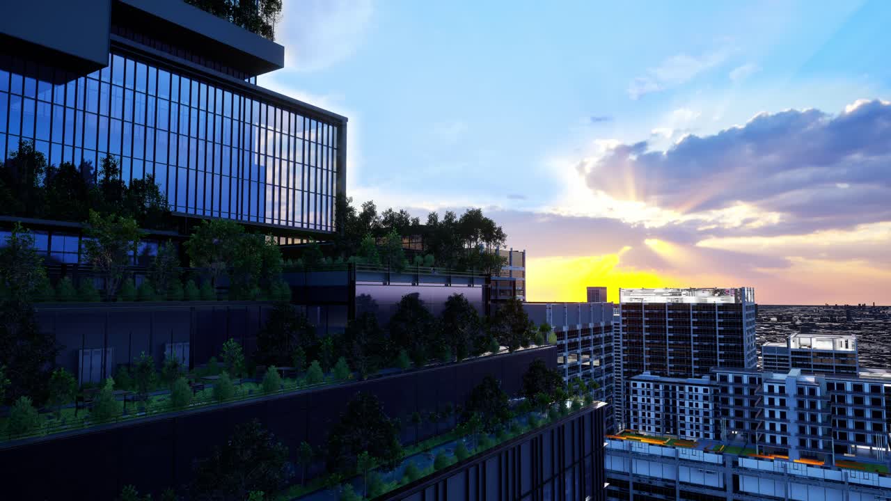 Sustainable Green Building. Eco-Friendly Building. Sustainable Glass Office Building With Tree For Reducing Carbon Dioxide. Office With Green Environment. Corporate Building Reduce Co2. Safety Glass