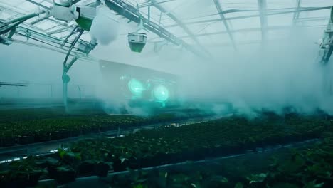 futuristic greenhouse with smart technology and fog