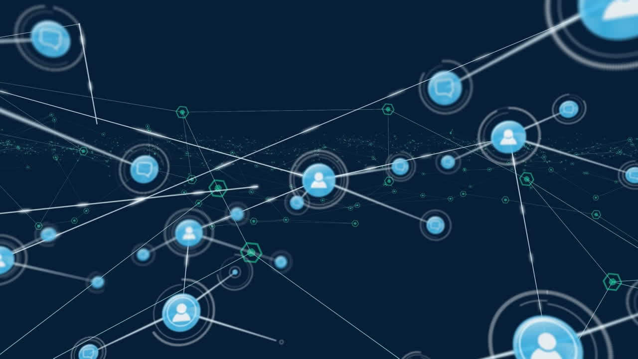 animación de la red de conexiones con iconos de usuario sobre fondo azul oscuro
