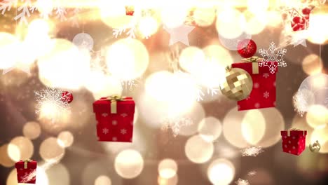 Animation-of-falling-gifts-over-falling-snow-and-glowing-lights