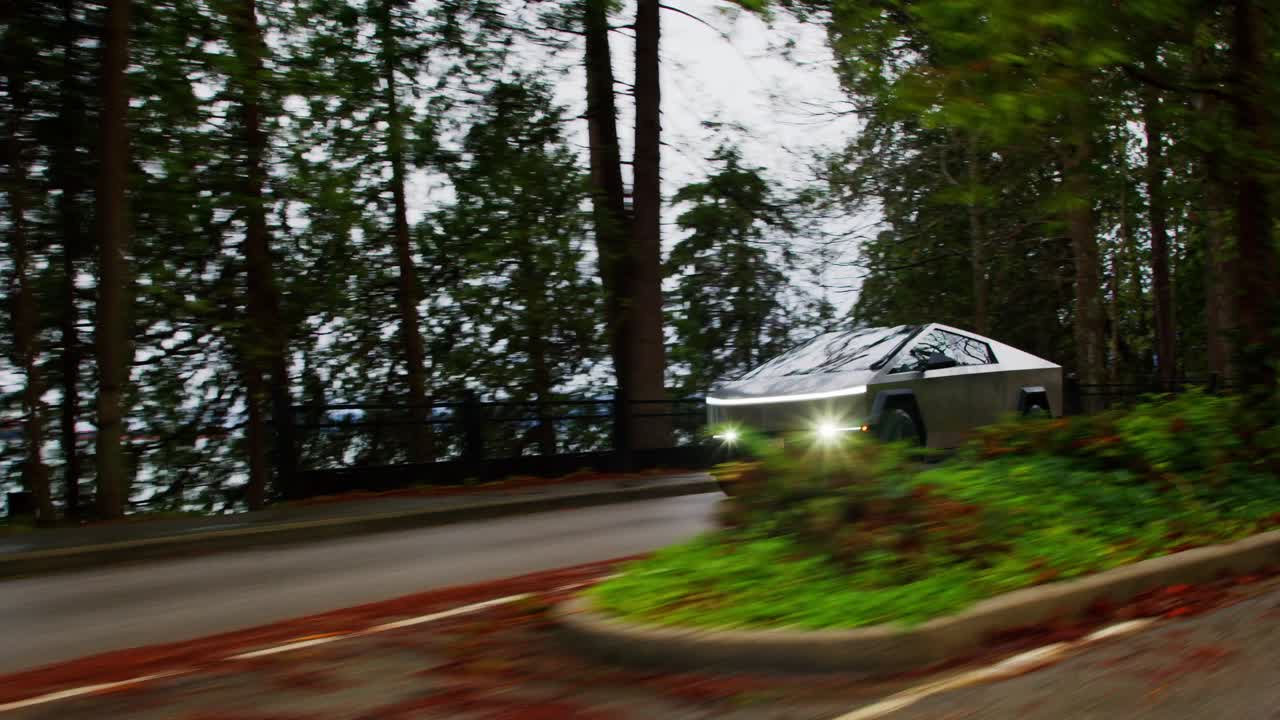Tesla Cybertruck driving through forest