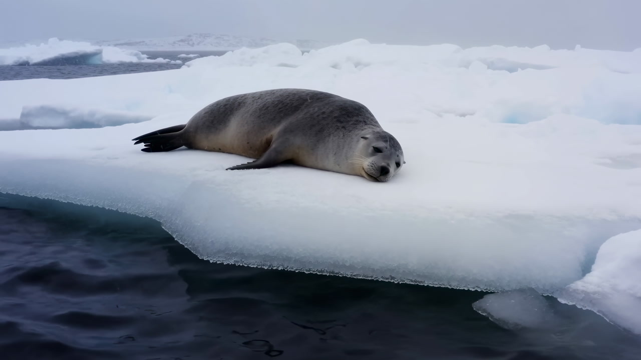 Seal Resting On Floating Ice Floe, Quiet Gray Seal Lying On Small Slab Of Sea Ice At Edge Of Dark Cold Ocean,