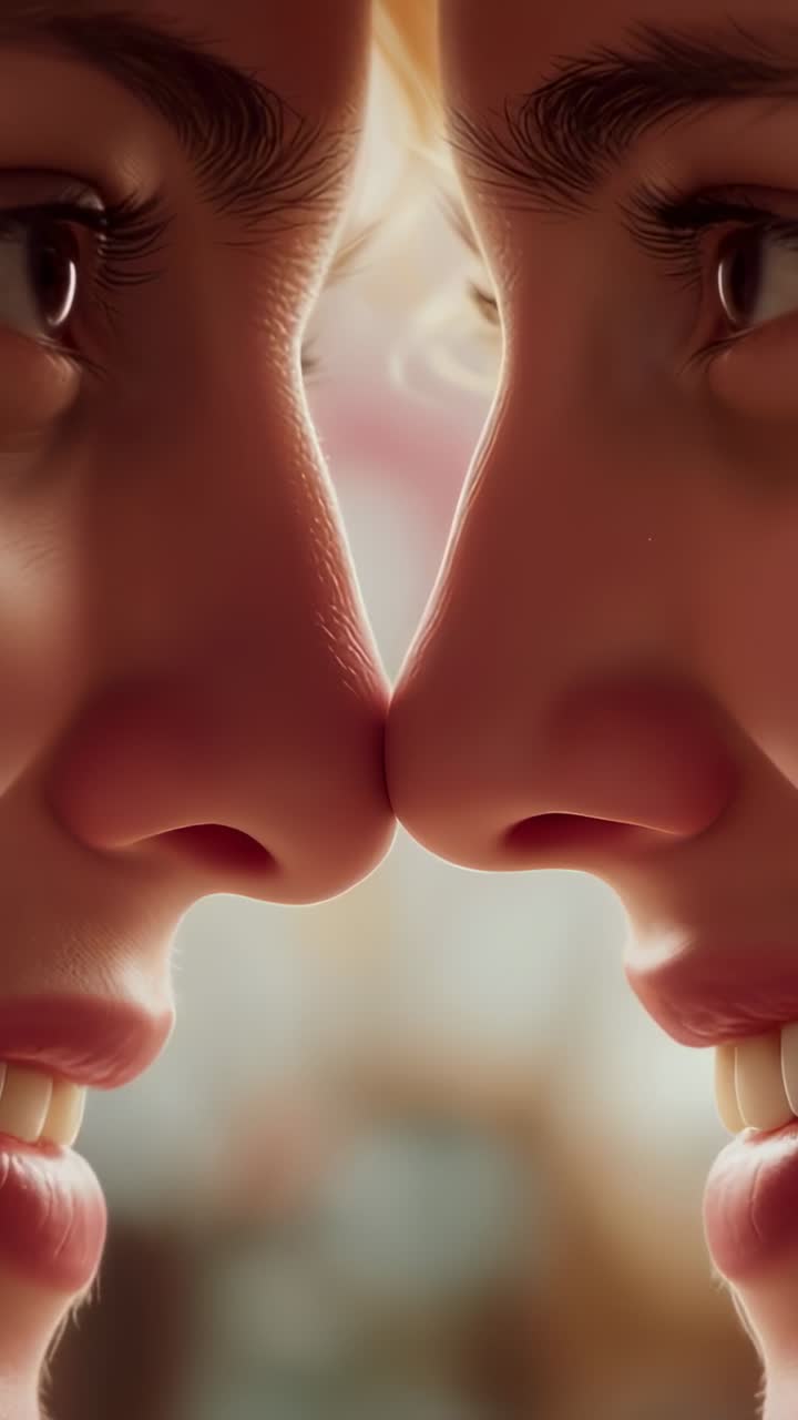 Vertical video: Emerging two female faces pressing noses, smiling in warm room, sharing affection
