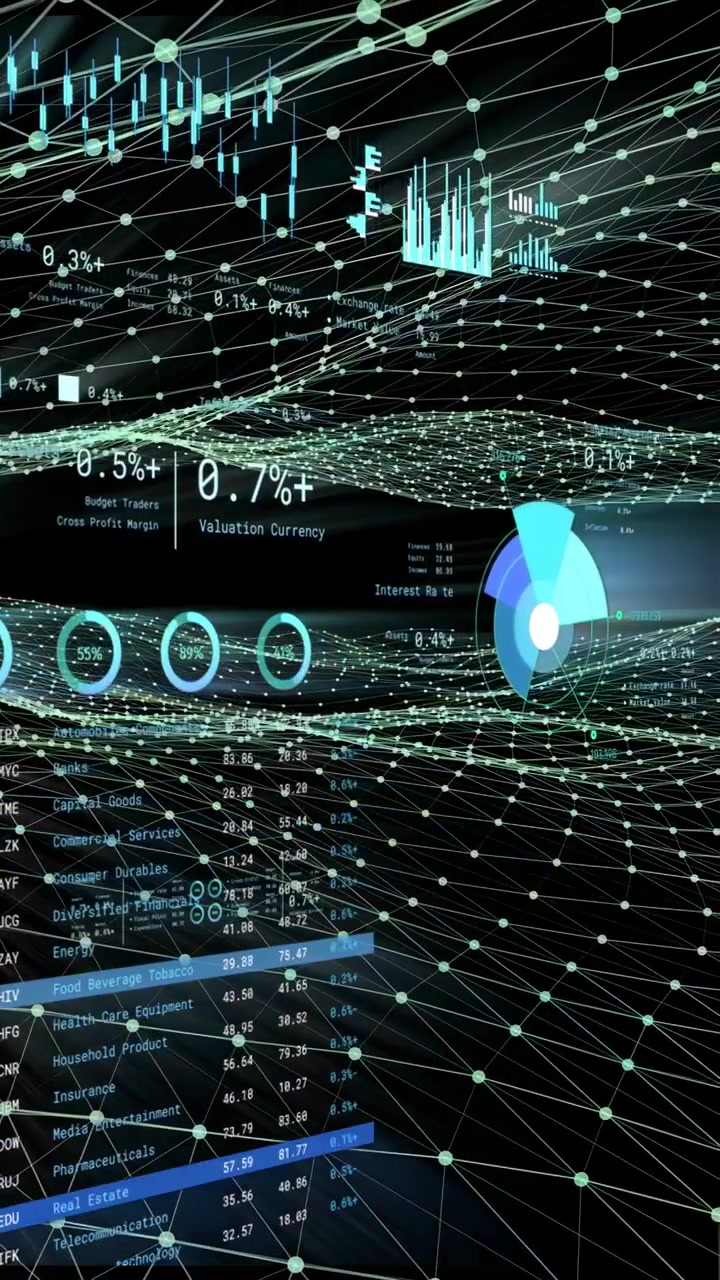Vertical video: Data pulse starting HUD updating, mesh rippling, percentages cycling for analytics