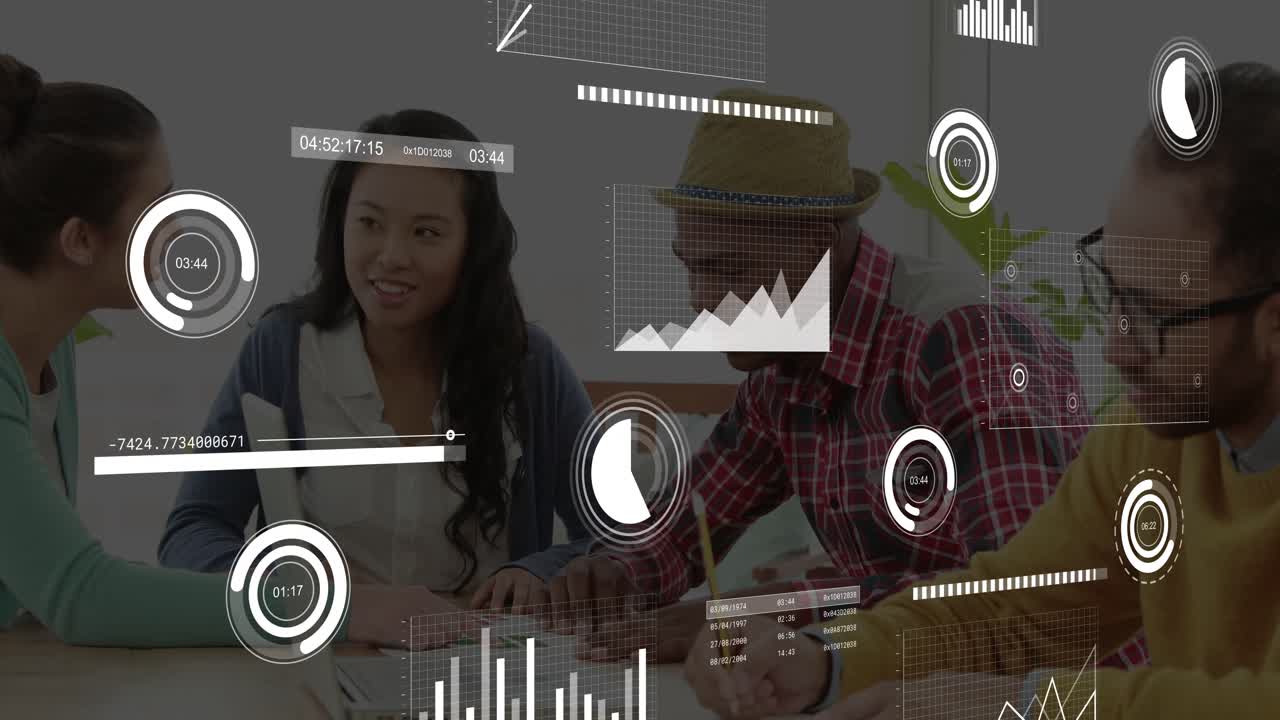 Business team collaborating around table, woman pointing chart driving AR graphs reaching consensus
