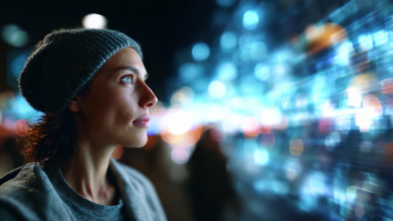 Una giovane donna pensierosa osserva proiezioni digitali vivaci su una strada cittadina di notte, illuminata da luci colorate e immersa in un mondo di tecnologia