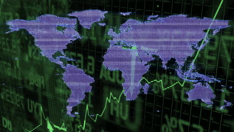 animation of world map overlaying financial data charts with green upward trends