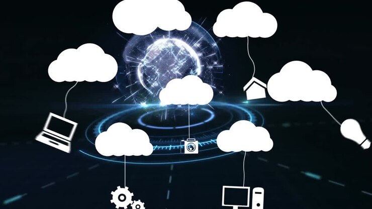 Animation of clouds with icons over globe