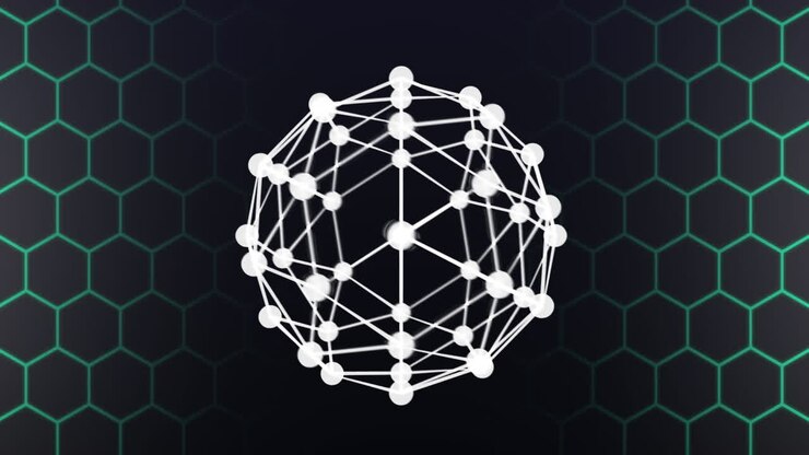 Animation of globe of connections over hexagons on black background