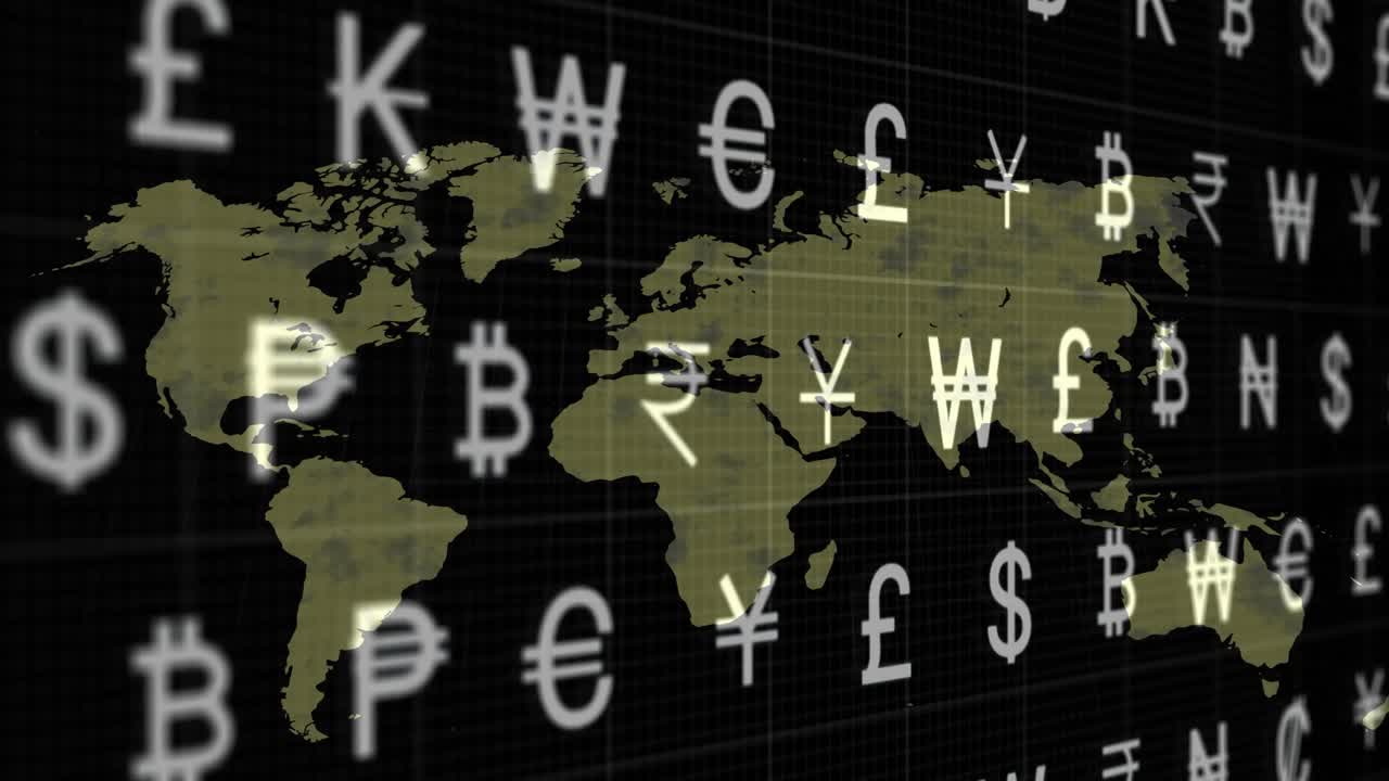 Static grid and grayscale map starting currency icons blurring, cycling focus and pulsing yellow