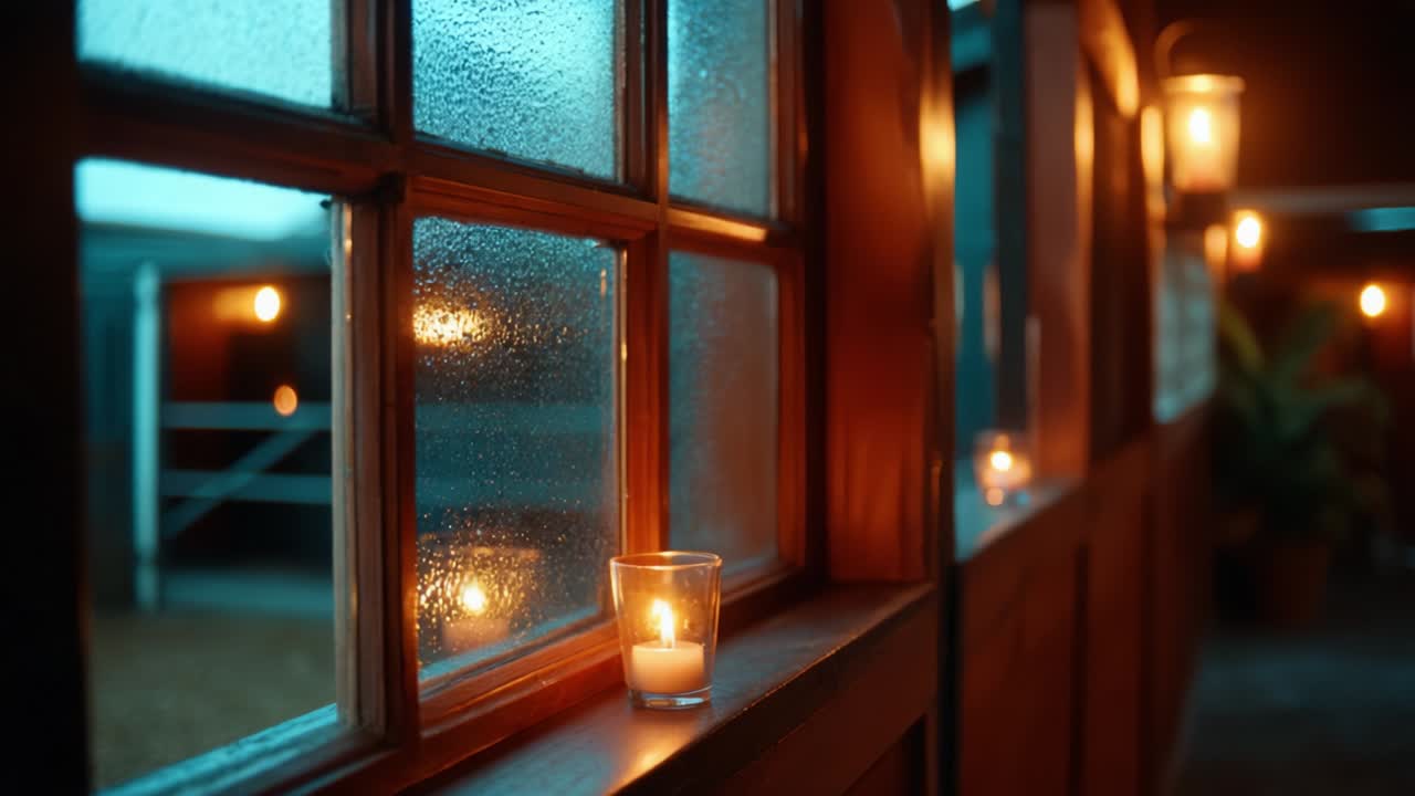 A Serene Ambiance of Flickering Candlelight Illuminating a Cozy Indoor Space with Raindrops on Window Panes, Perfect for Creating a Relaxing and Intimate Atmosphere in the Evening