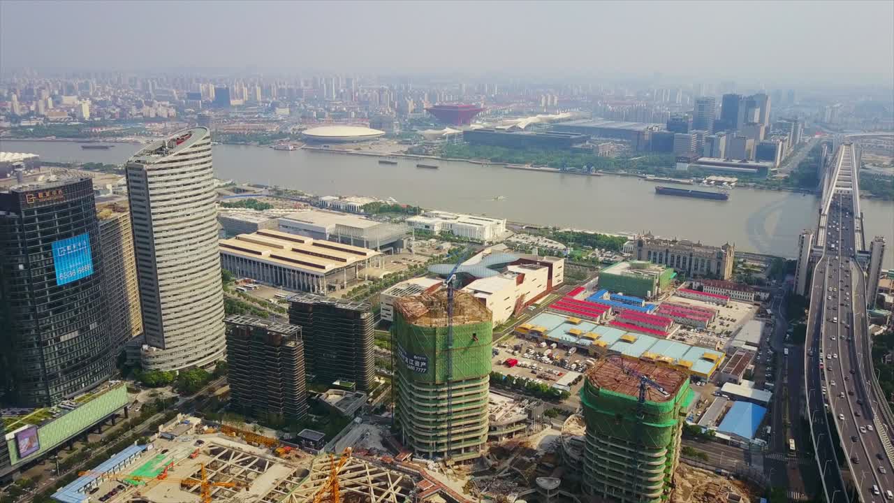 china hora del día paisaje urbano de shanghái tráfico puente lupu panorama aéreo industrial 4k