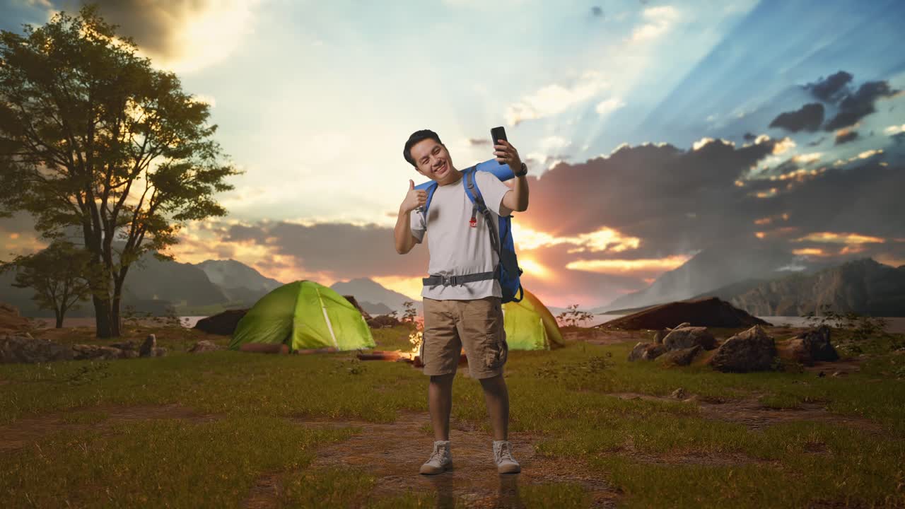 Happy Traveler Taking Selfie at Campground