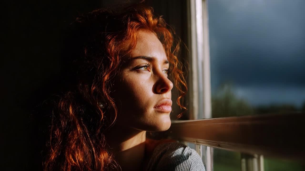 A Pensive Moment: A Young Woman with Flowing Red Hair Gazes Thoughtfully Out of a Window as Shadows Play on Her Face, Capturing a Beautiful Blend of Light and Emotion in a Serene Indoor Setting