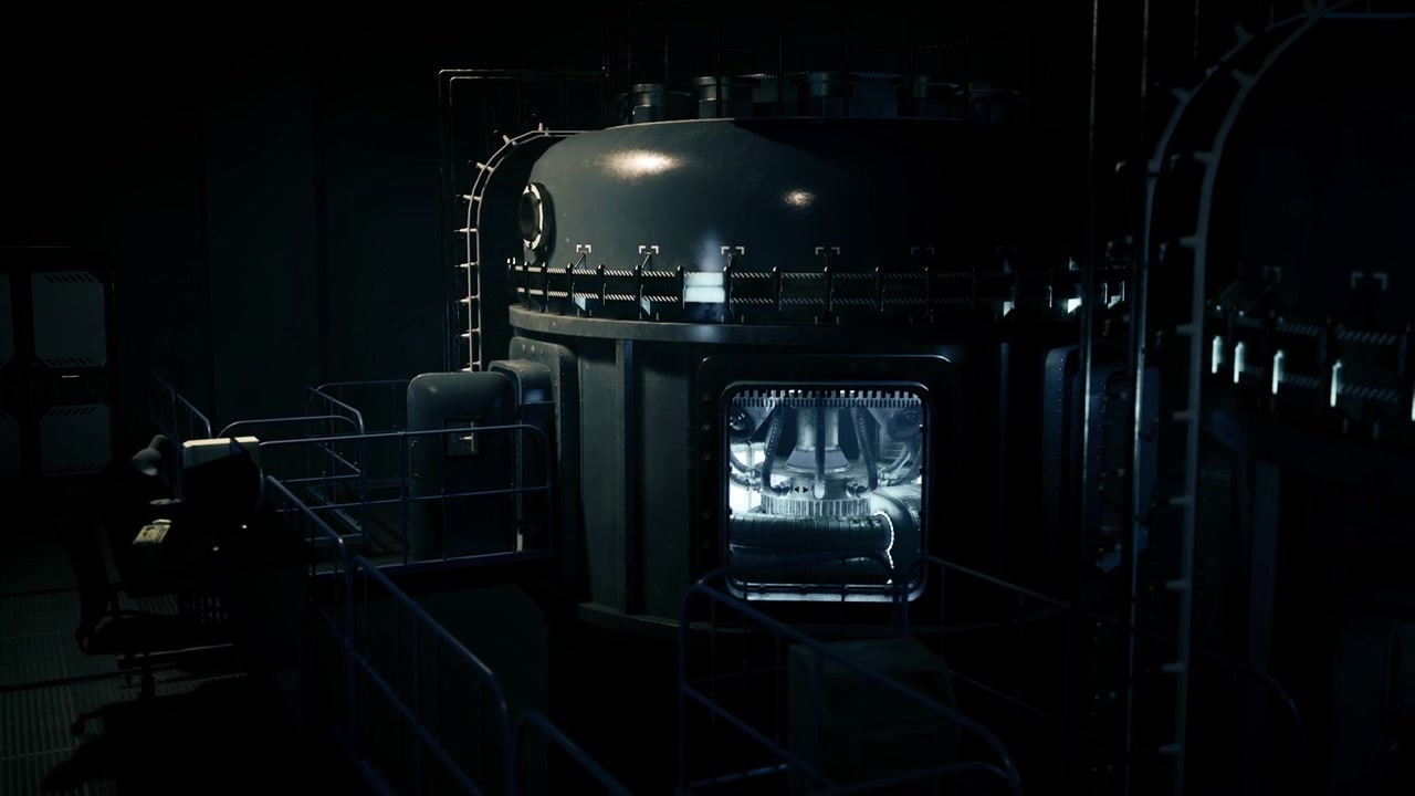 Cinematic depiction of advanced reactor with surrounding machinery and lighting