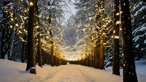 snowy forest path with christmas lights