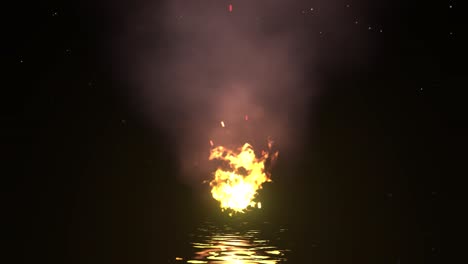 un fuego ardiendo con destellos sobre el elemento agua con reflejos, partículas de polvo y animación de estrellas brillantes