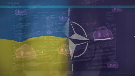 Animation-Eines-Kaukasischen-Männlichen-Hackers-Und-Datenverarbeitung-über-Der-Flagge-Der-NATO-Und-Der-Ukraine