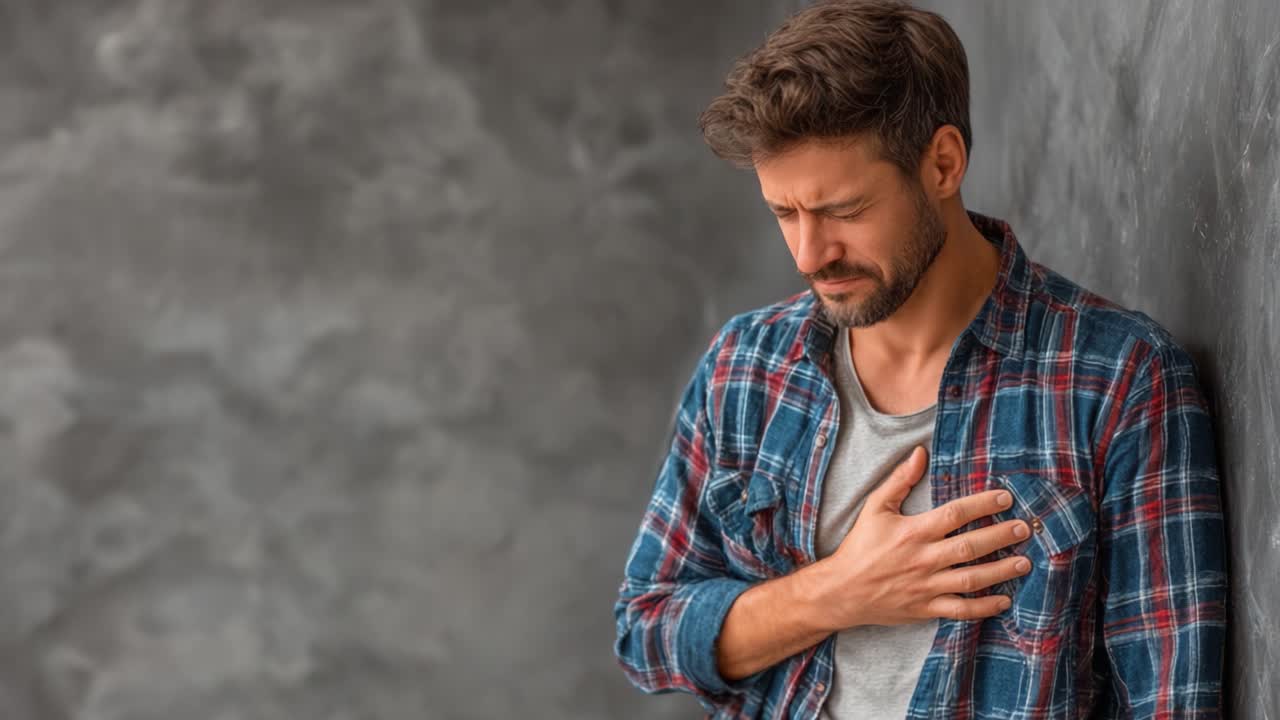 A man experiences a moment of distress, with his hand on his chest, reflecting a blend of emotions against a muted backdrop that adds to the gravity of the scene