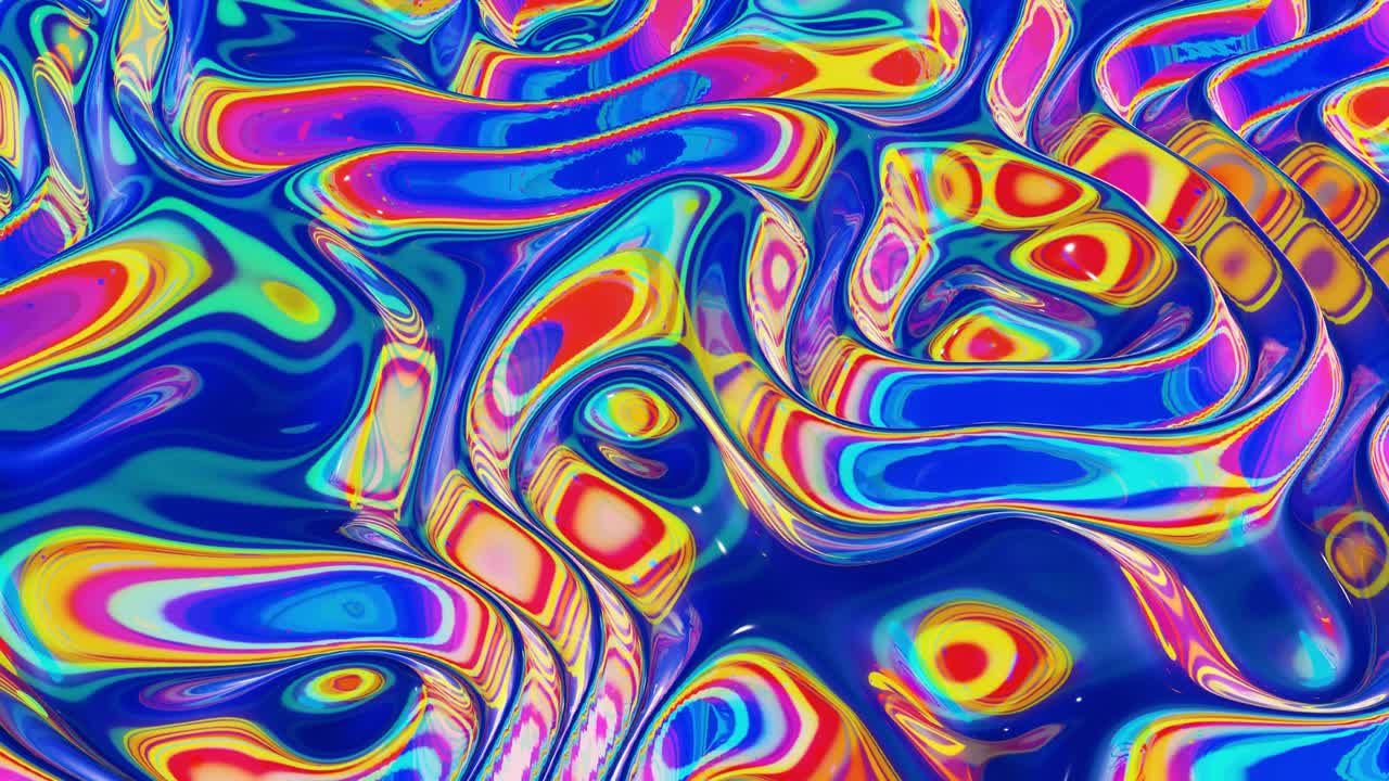 patrón líquido como ondas en movimiento en bucle. 3d elegante abstracto iridescente bg de superficie ondulada como vidrio líquido brillante con arco iris hermosos colores de gradiente. 4k animado fluido colorido de moda.