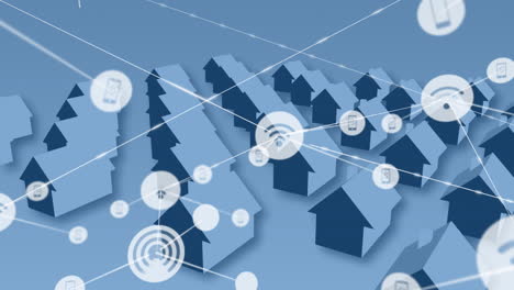 animation of network of connections with icons over rows of houses