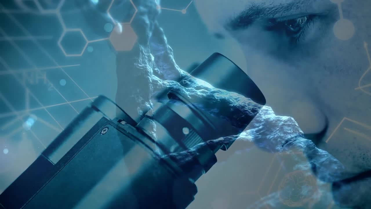 composición de la ciencia hombre mirando en un microscopio combinado con el adn animado