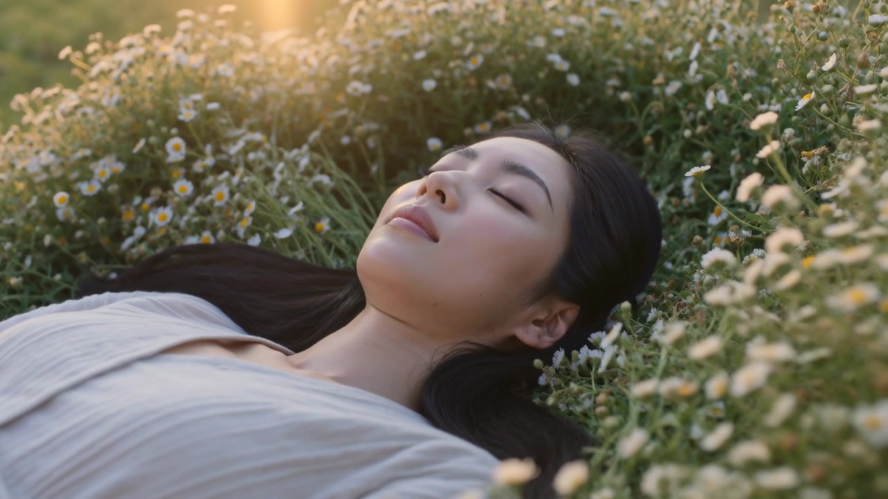 明るいブラウスを着た女性がデイジーの咲く牧草地で横たわり休んでいる。カメラが移動し、太陽のフレアが大きくなる。