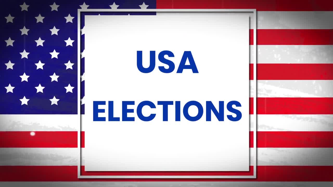 미국  ⁇ 발 위에 미국 선거라는 단어가 있는  ⁇ 색 사각형의 애니메이션.