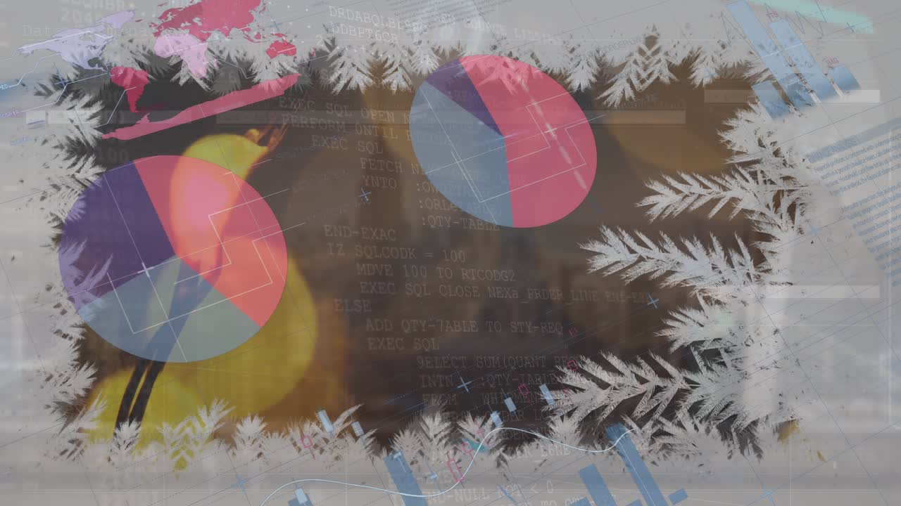 Animación de procesamiento de datos sobre decoraciones navideñas