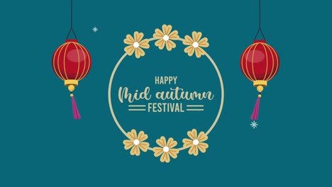feliz festival de mediados de otoño letras con lámparas y marco circular