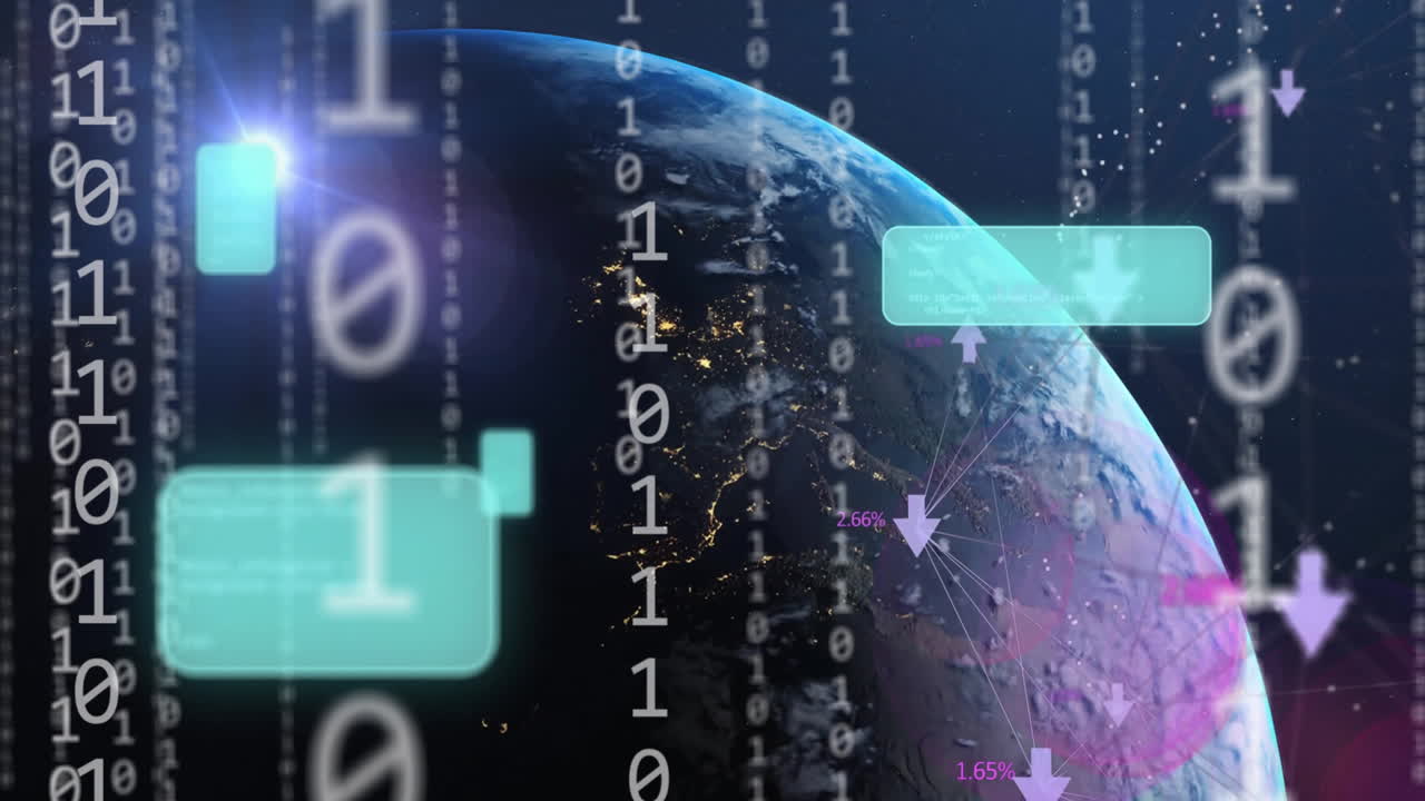 Animation of globe with binary coding and data processing over dark background