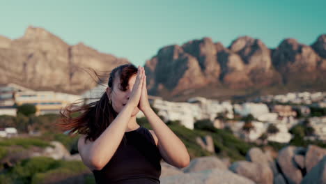 Woman-at-beach,-stretching-with-yoga-and-meditate