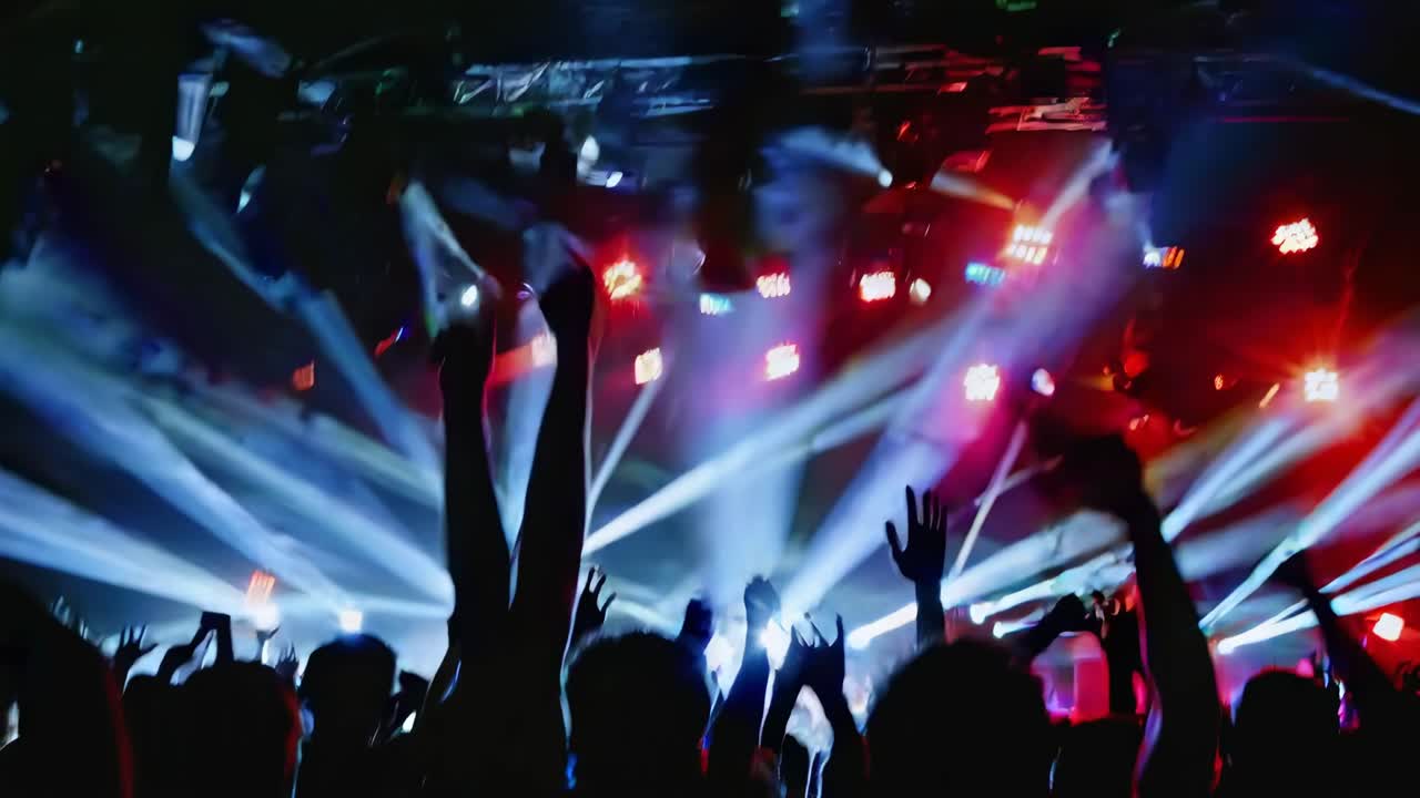 Vibrant concert scene with colorful lights and silhouettes of raised hands