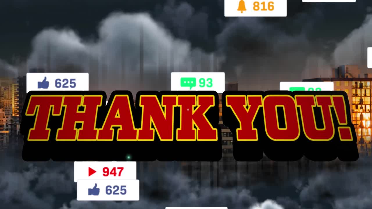 폭풍의 도시 건물 위에서 플래시와 소셜 미디어 알림으로 텍스트의 애니메이션 감사합니다