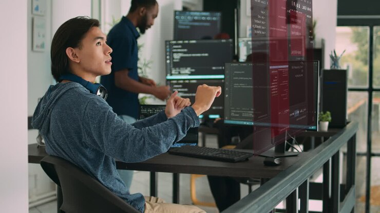 Developers working with futuristic holographic interface in modern office