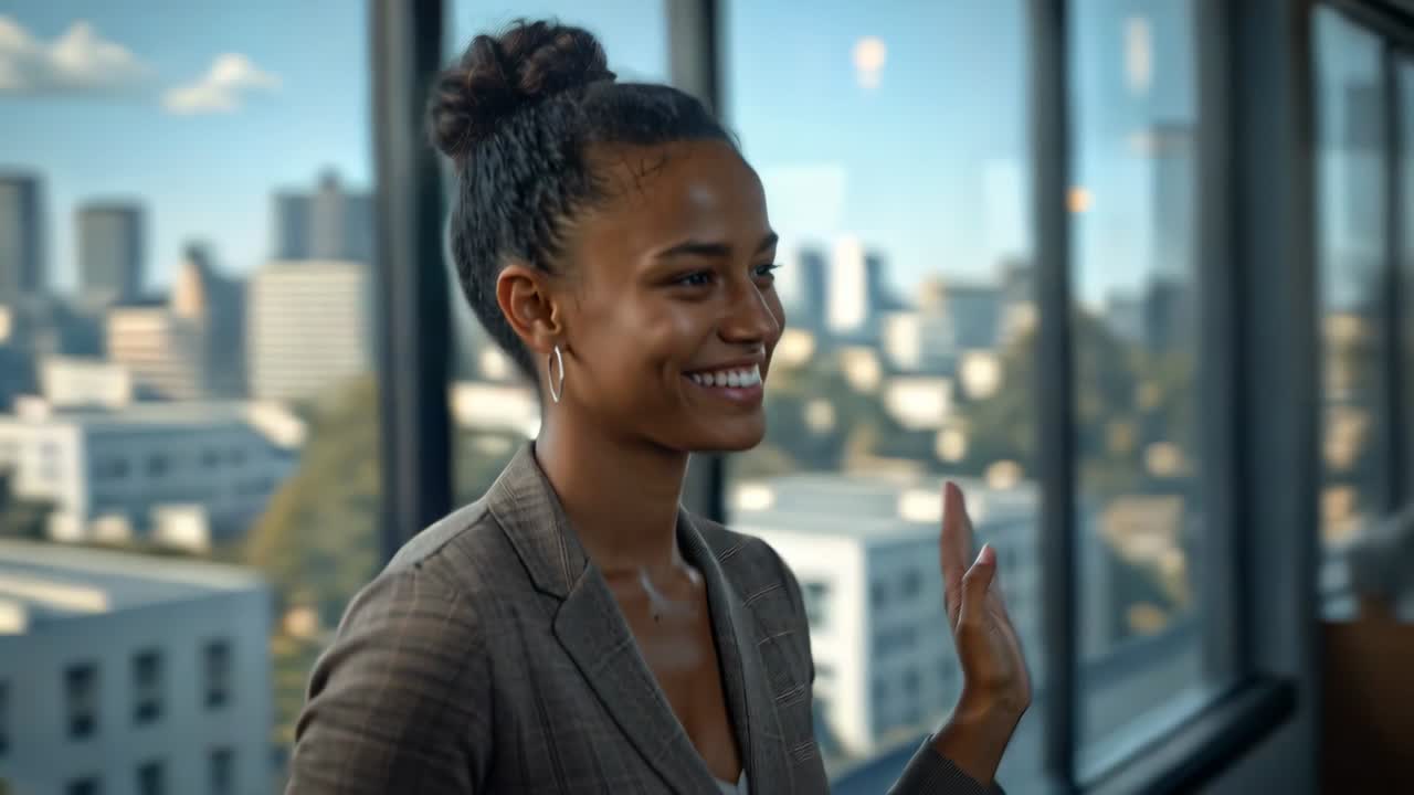 Smiling woman turning and waving in blazer at open office windows greeting team on camera start
