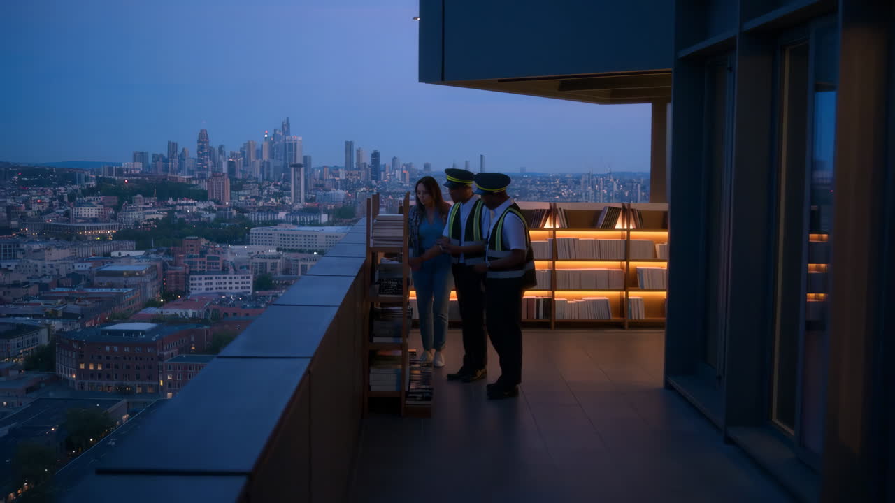 People on a rooftop balcony overlooking a city skyline at dusk