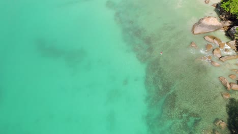 imágenes de drones de un hombre con camisa roja nadando hacia atrás pasando cerca de piedras de granito, agua turquesa, anse louis, mahe seychelles 30 fps