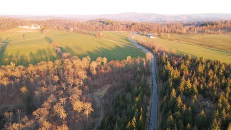 Aufschlussreiche-Drohnenaufnahmen-Eines-Autos,-Das-Eine-Malerische-Waldstraße-Entlangfährt