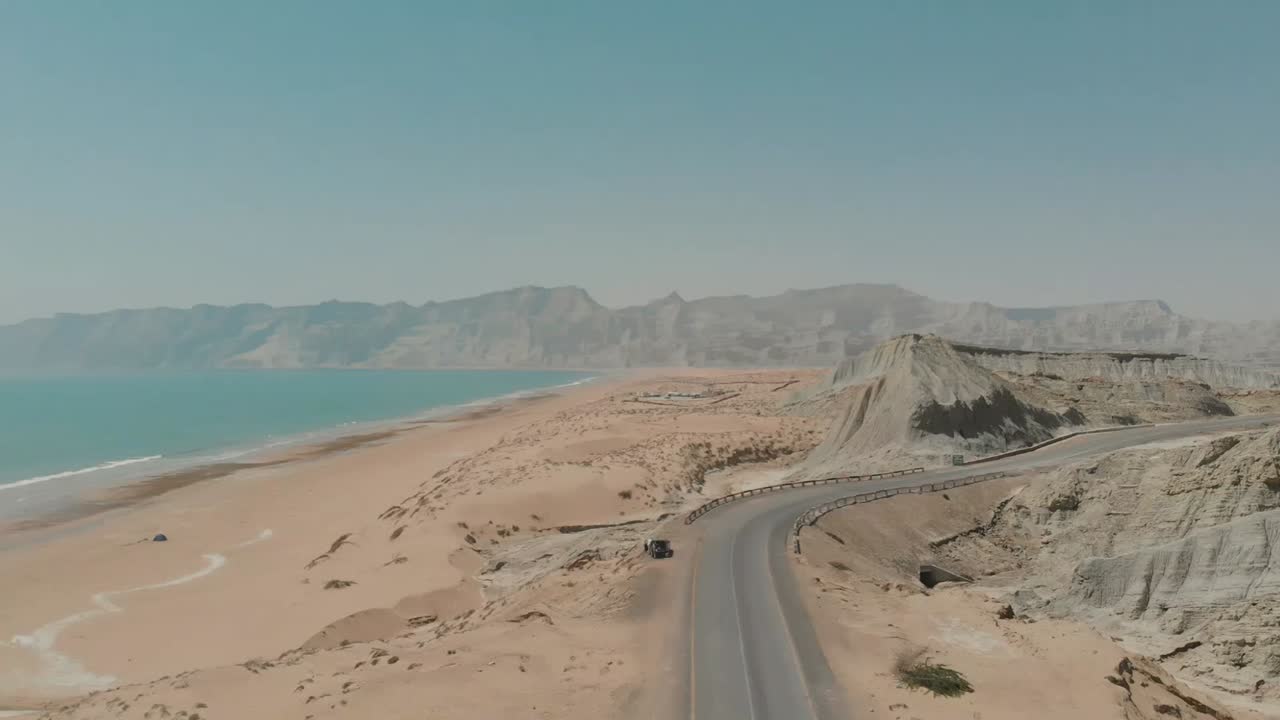 Aerial View Of Winding Makran Coastal Highway In Balochistan. Pedestal Up