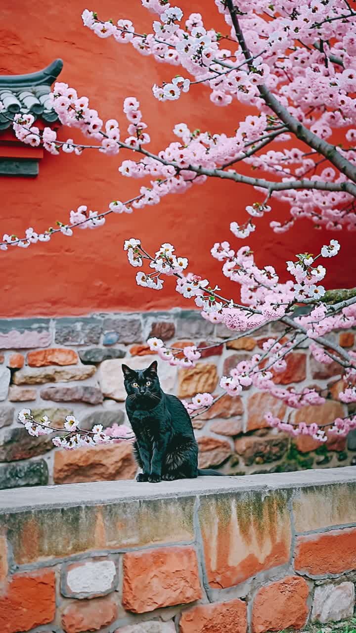 Gatto nero tra i fiori di ciliegio presso un'architettura tradizionale cinese