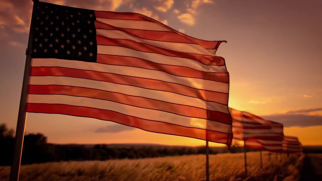 American Flags Waving in a Field at Sunset