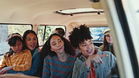 road trip, travel and friends in car